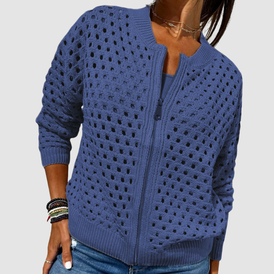 Plaid Zip-Up Knit Cardigan Sweater with Cut-Out Details for Women | Desiree