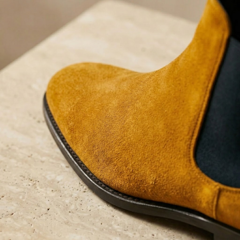 FJØRNA men's tan suede Chelsea boots showing classic slip-on style with elastic side panels and sleek design.