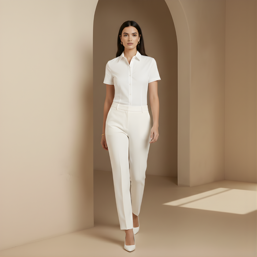 FJØRNA linen-blend loose fit short sleeve women's blouse, casual top with relaxed fit and natural fabric appearance.