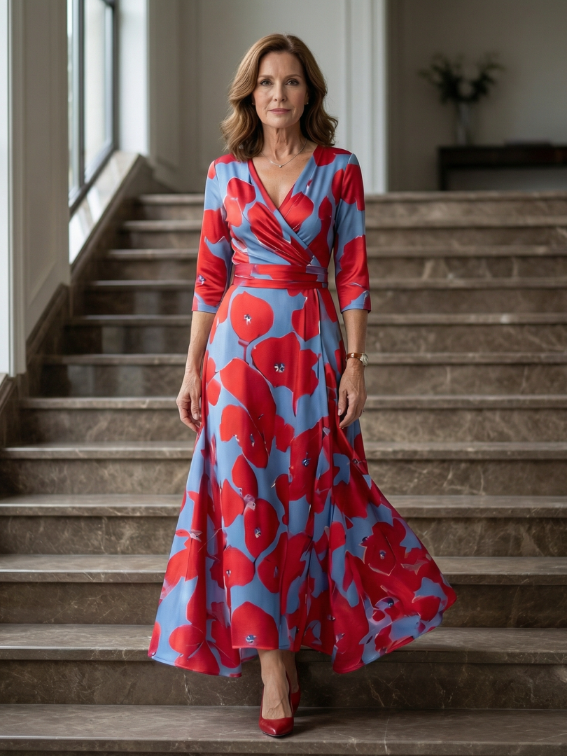 FJØRNA women's floral summer maxi dress with V-neck wrap design, flowing lightweight fabric, perfect for warm weather.