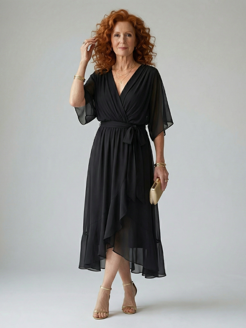 FJØRNA women's summer midi dress with V-neck, flowy fabric, and sleeveless design perfect for warm weather.