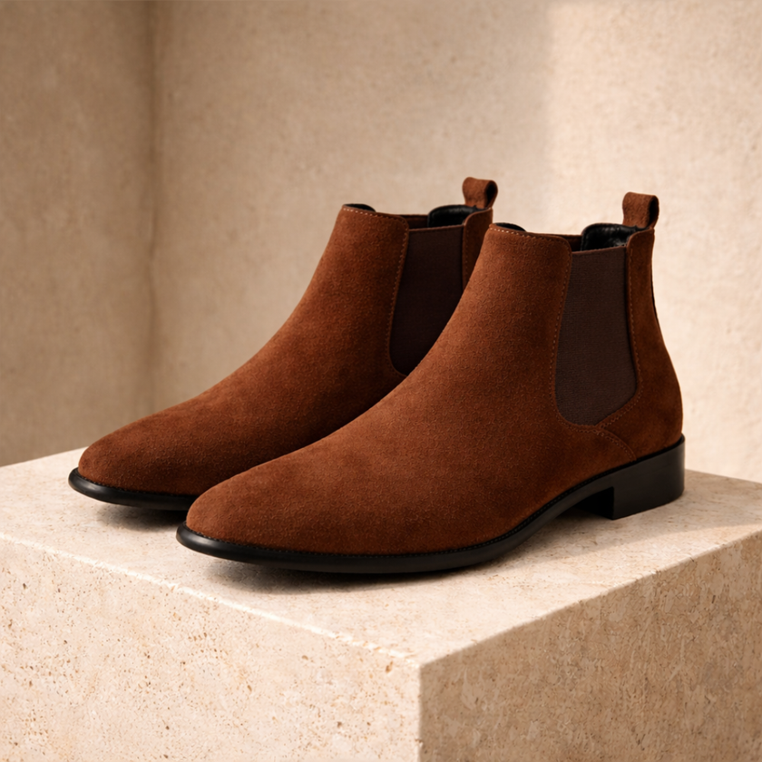 FJØRNA black slip-on Chelsea boots for men, stylish leather shoes with elastic side panels and sleek design.