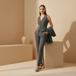FJØRNA women's tailored 3-piece suit set featuring tweed fabric with matching pants and blazer, stylish and professional attire.