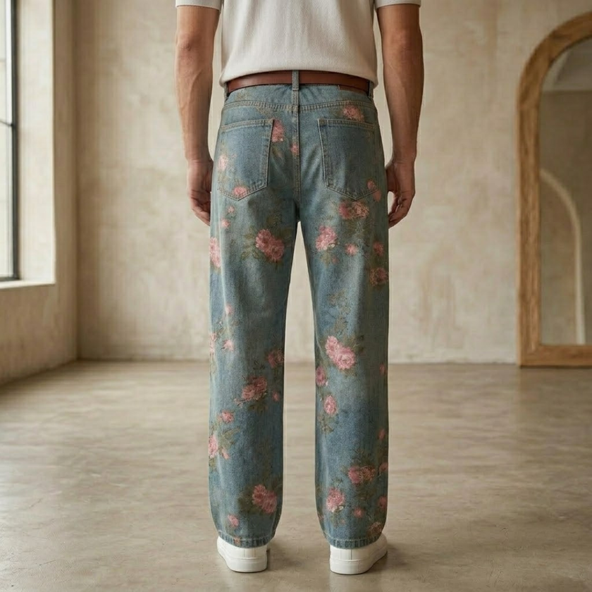 Unisex rose print wide-leg floral denim jeans from FJØRNA, featuring vibrant rose patterns on classic wide-leg pants.