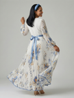 FJØRNA women's summer midi dress with floral pattern, V-neck, and long sleeves, perfect for warm weather.