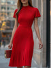 FJØRNA elegant red pleated midi dress for women, showcasing a stylish flowy design and classic midi length.