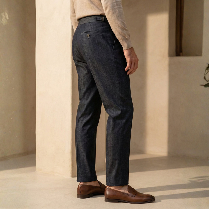 Blue straight-leg cotton men's trousers by FJØRNA, slim fit chinos with a classic design and clean front pockets.