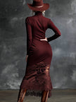 FJØRNA burgundy lace maxi dress, elegant evening dress with intricate lace details and flowing silhouette, perfect for formal occasions.
