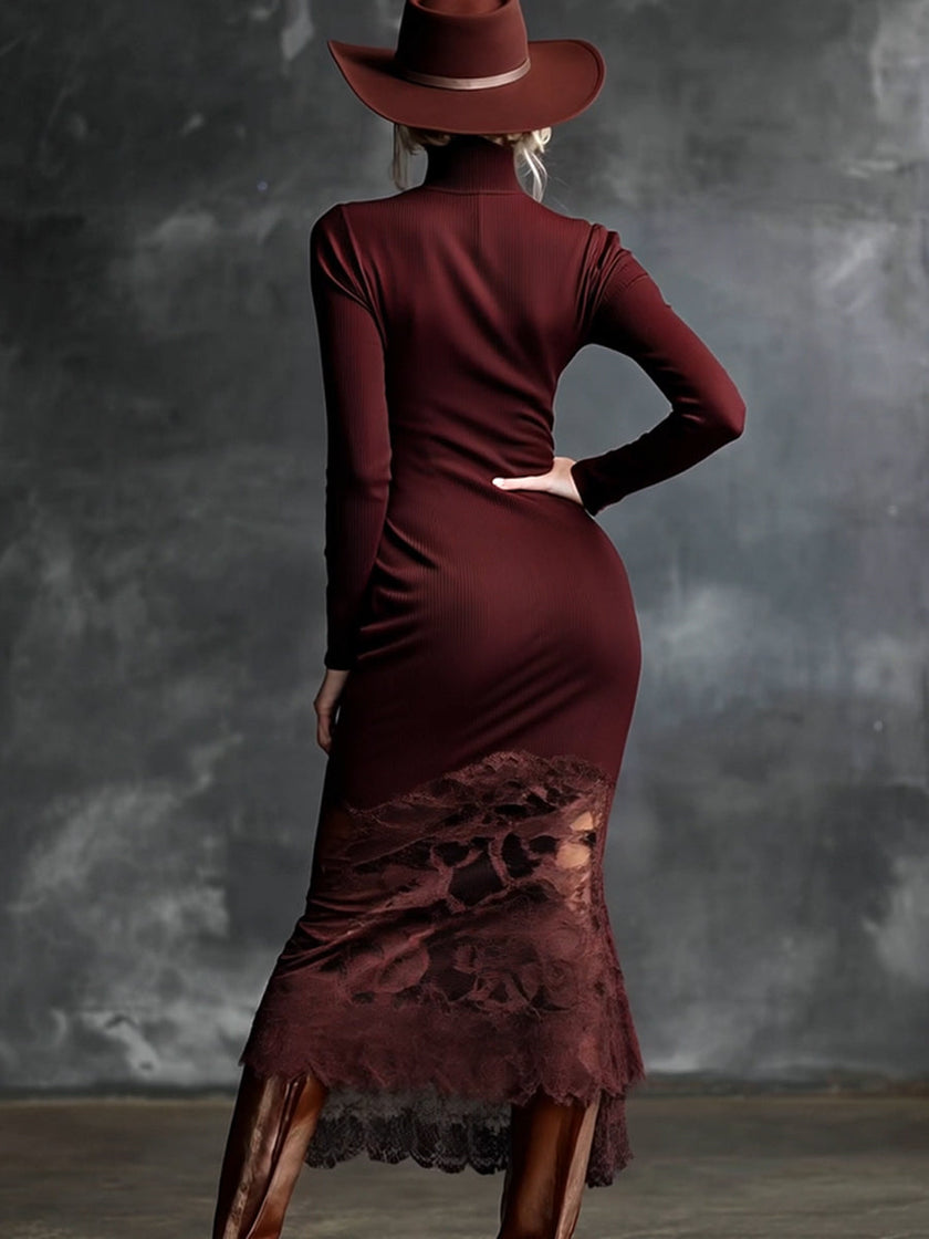 FJØRNA burgundy lace maxi dress, elegant evening dress with intricate lace details and flowing silhouette, perfect for formal occasions.