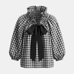 FJØRNA gingham ruffle oversized blouse for women with long sleeves, featuring a stylish, flowy design and ruffle details.