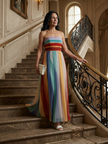 FJØRNA women's striped strapless summer maxi dress hanging on a hanger, lightweight and flowy for warm weather.
