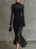 Black lace fishtail maxi dress by FJØRNA featuring intricate lace details and a fitted evening dress silhouette.