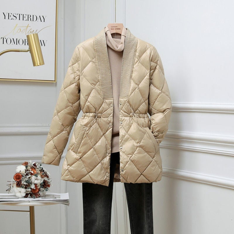 Quilted Jacket Women Button Front Adjustable Waist V-Neck