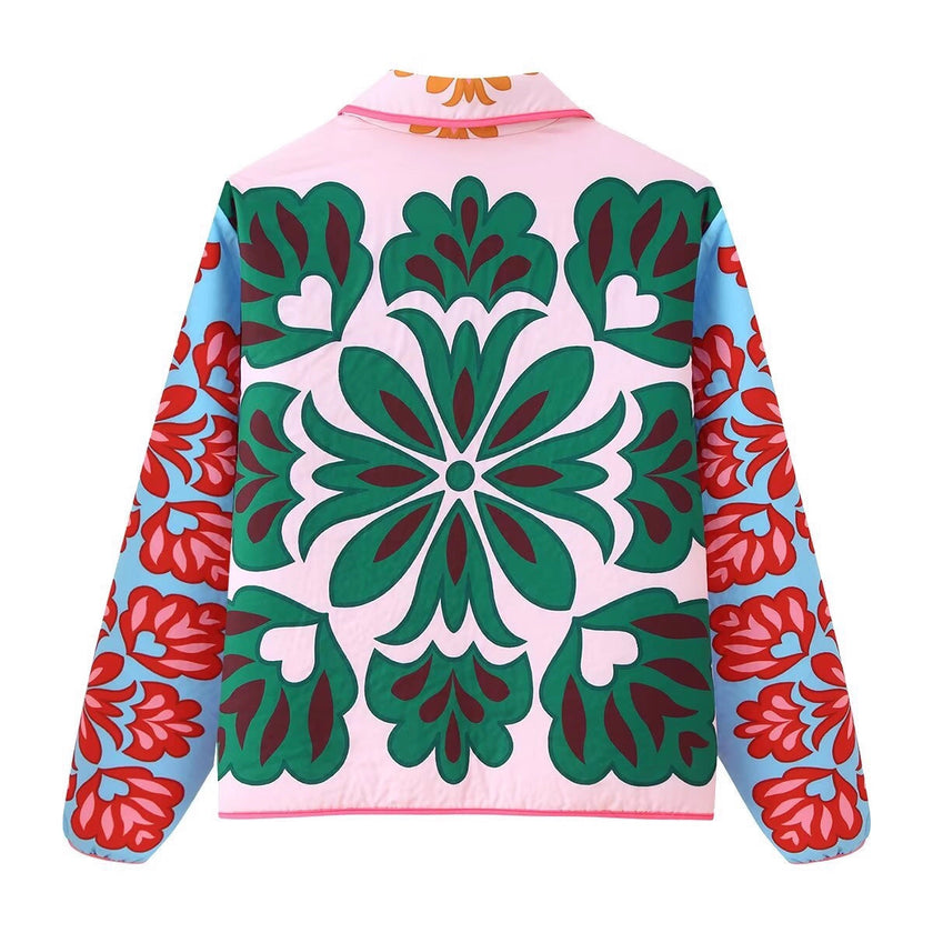 Quilted Print Jacket Women Button Front Straight Fit