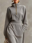Grey waffle long sleeve maxi dress by FJØRNA, casual dress with a relaxed fit and comfortable fabric, shown on a model.