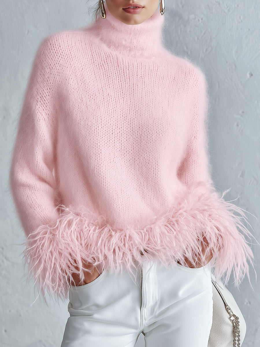 White Mohair Turtleneck Sweater with Faux Feather Hem Slim Fit for Women