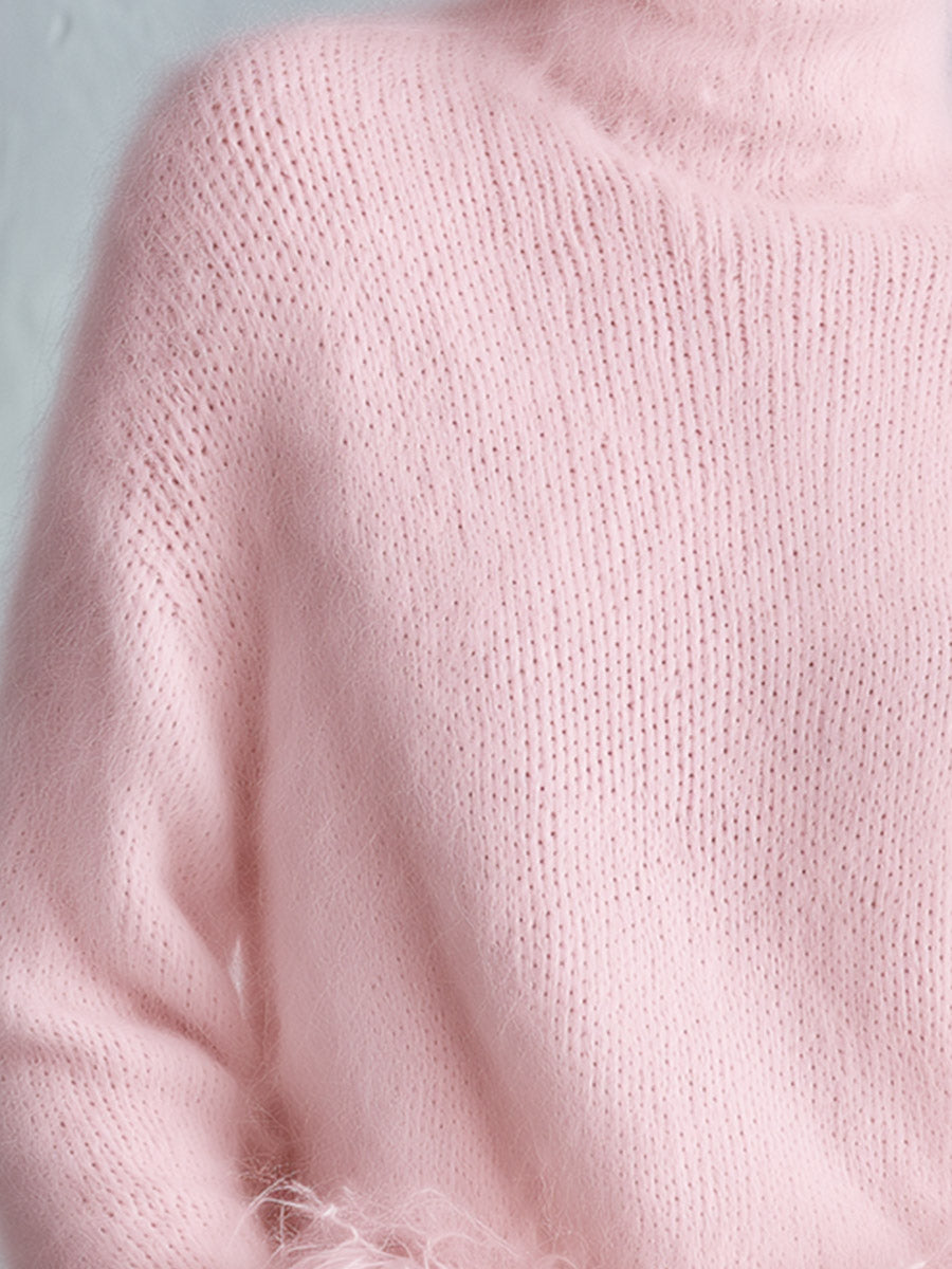 White Mohair Turtleneck Sweater with Faux Feather Hem Slim Fit for Women