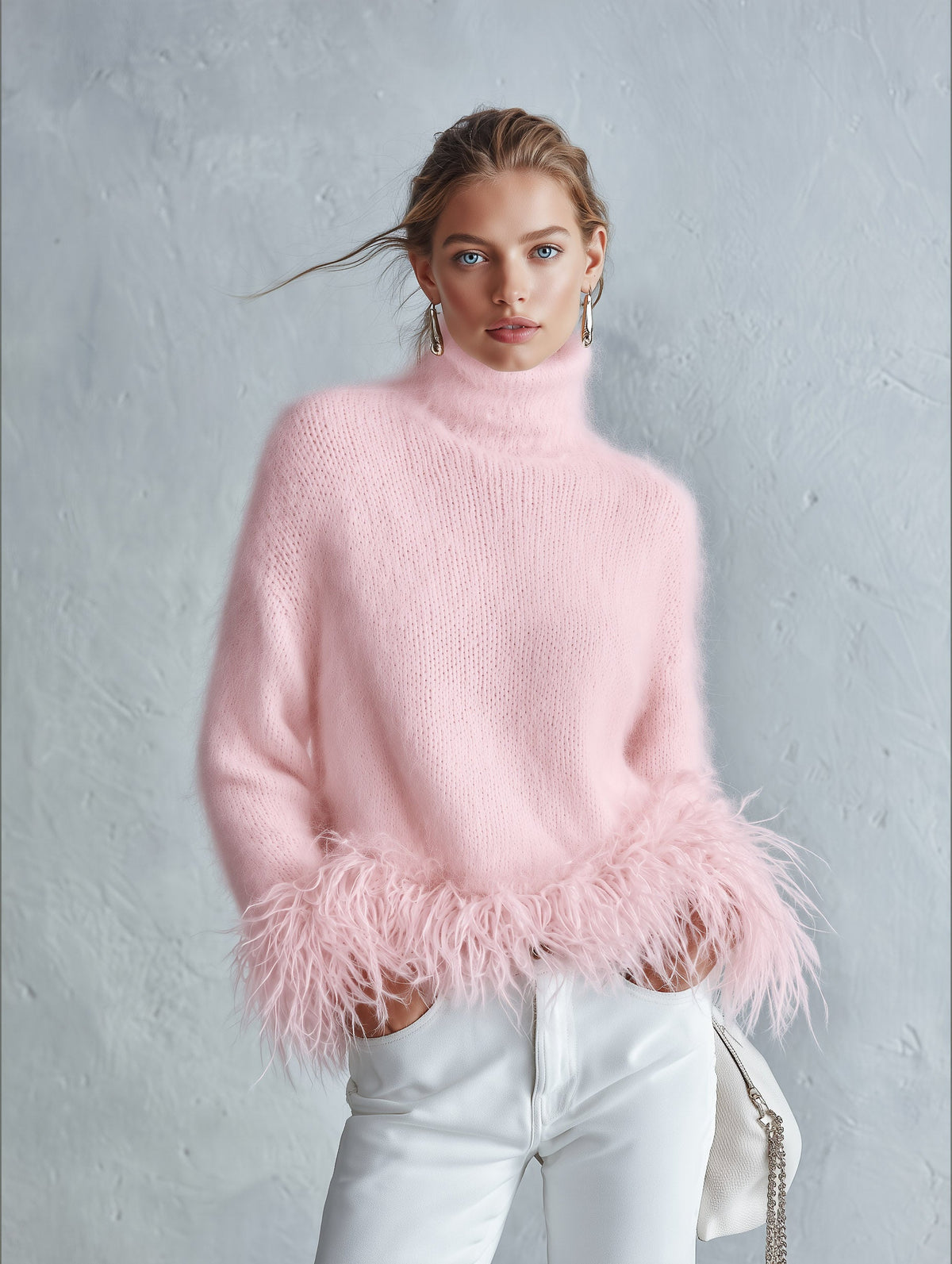 White Mohair Turtleneck Sweater with Faux Feather Hem Slim Fit for Women