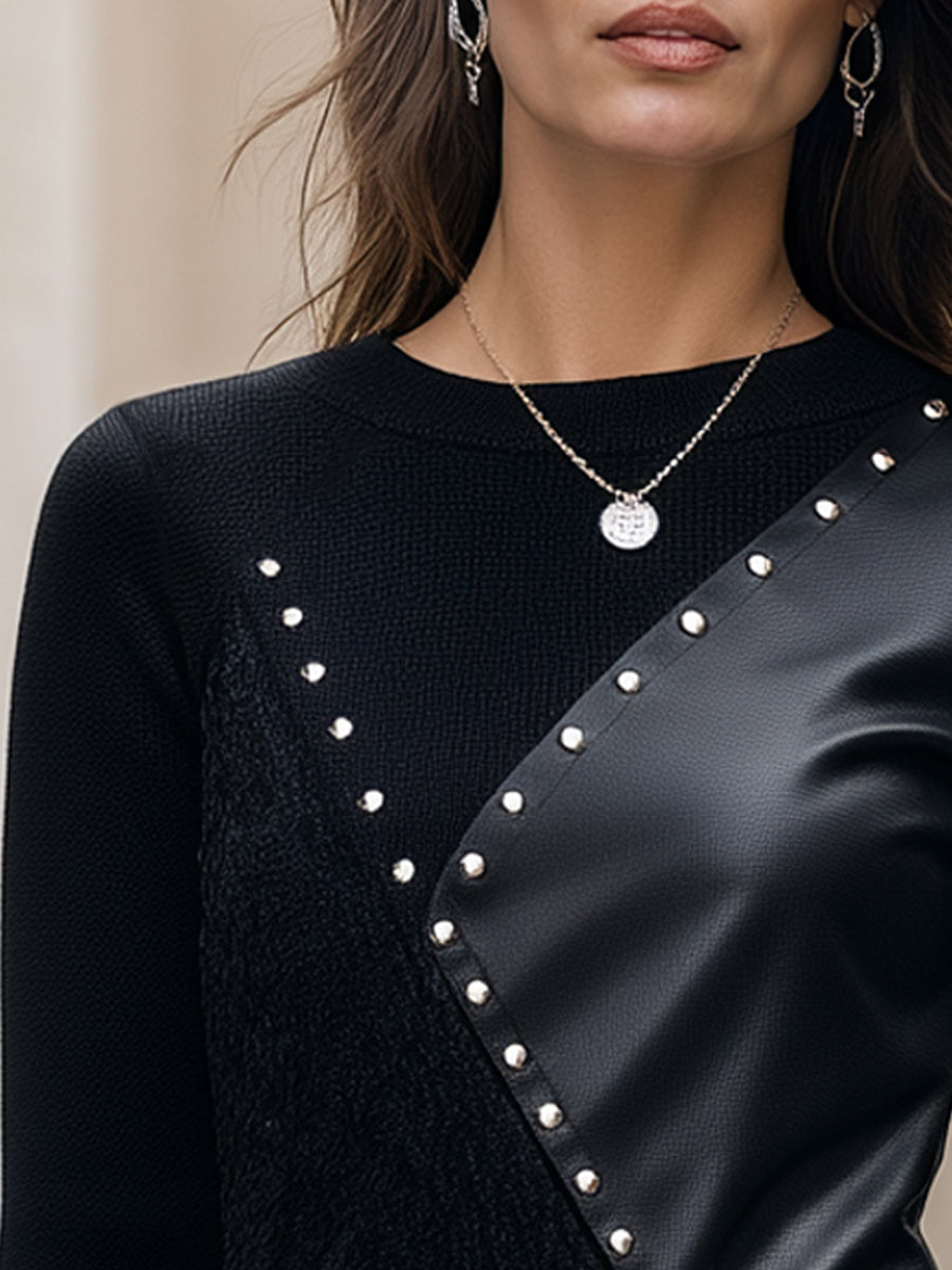 Knit Top with Studded Faux Leather Panel Crew Neck Long Sleeve for Women