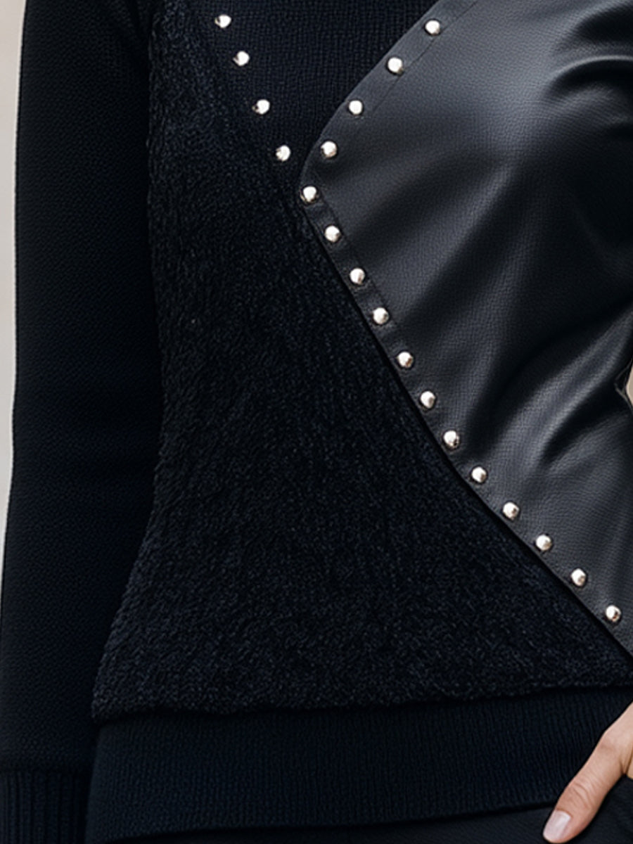 Knit Top with Studded Faux Leather Panel Crew Neck Long Sleeve for Women