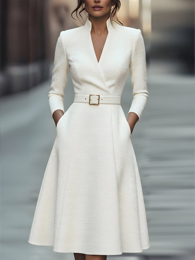 FJØRNA white textured belted midi dress with V-neckline for women, featuring a stylish and elegant design.