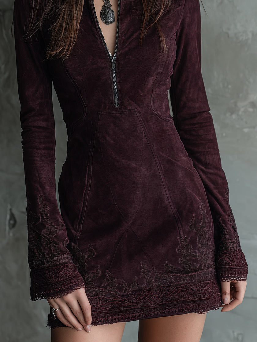 FJØRNA vintage suede embroidered lace trim women's mini dress, stylish party dress with intricate embroidery and soft suede fabric.