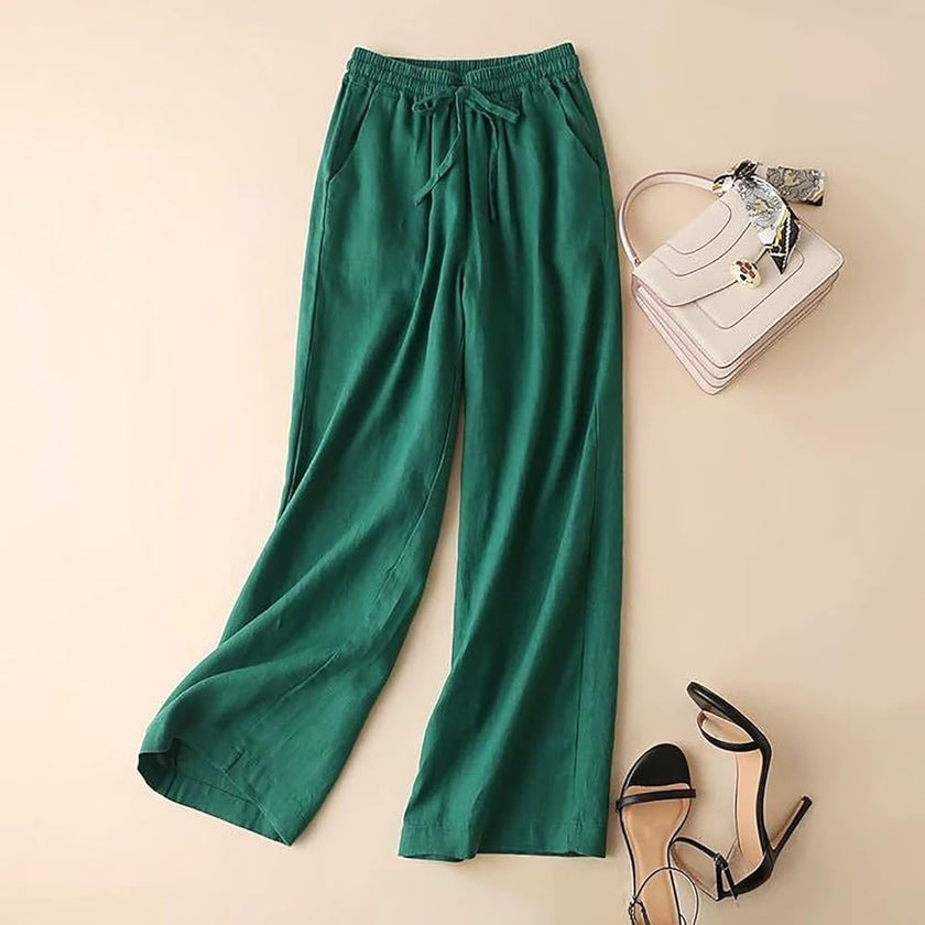 FJØRNA women's lightweight summer trousers with drawstring elastic waist, casual breathable clothing for warm weather.