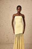 Yellow off-shoulder sheer tulle maxi dress by FJØRNA featuring a flowy silhouette and elegant design for women.