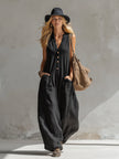Black cotton linen sleeveless jumpsuit for women by FJØRNA, featuring a stylish and comfortable pants design.