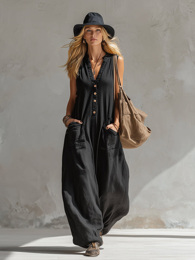 Black cotton linen sleeveless jumpsuit for women by FJØRNA, featuring a stylish and comfortable pants design.