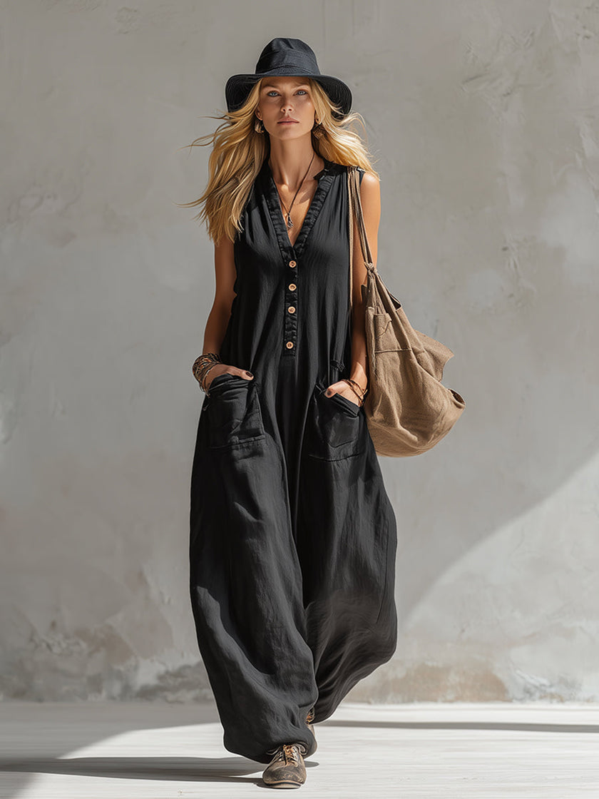 Black cotton linen sleeveless jumpsuit for women by FJØRNA, featuring a stylish and comfortable pants design.