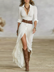 FJØRNA women's elegant maxi dress with V-neck and belt, flowing fabric, perfect for stylish occasions
