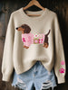 Graphic Knit Sweater Women Crew Neck Dog Print Long Sleeve