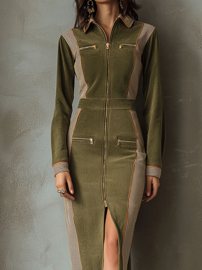Olive green FJØRNA sleeveless midi dress with zip-up front and contrast panel design, ideal for stylish casual wear.