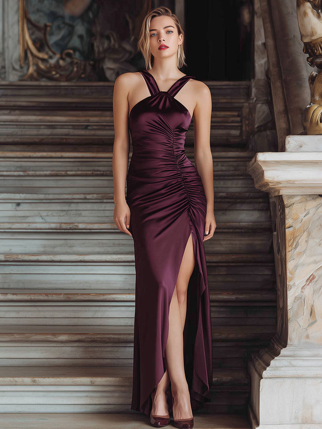 FJØRNA burgundy satin maxi dress with double straps and ruched detailing, elegant formal gown for special occasions.