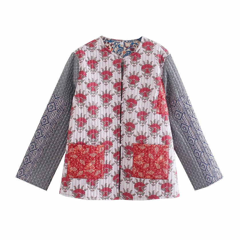 Patchwork Print Jacket Women Lightweight Cotton Relaxed Fit