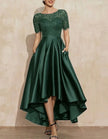 FJØRNA satin midi dress for women, two-piece set with round neck and short sleeves, elegant and stylish for casual or formal wear.