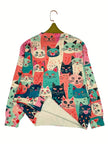 Cat Print Knit Sweater Women Crew Neck Relaxed Fit