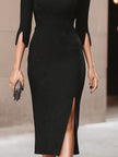 FJØRNA black keyhole front midi cocktail dress, elegant sleeveless design with fitted waist and stylish hem detail.
