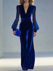 Royal blue velvet V-neck mesh long sleeve jumpsuit for women by FJØRNA, featuring a stylish and comfortable pants design.