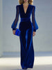 Royal blue velvet V-neck mesh long sleeve jumpsuit for women by FJØRNA, featuring a stylish and comfortable pants design.