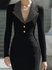 FJØRNA black ribbed knit contrast-lapel midi dress with long sleeves, perfect for summer business wear, displayed on a hanger.