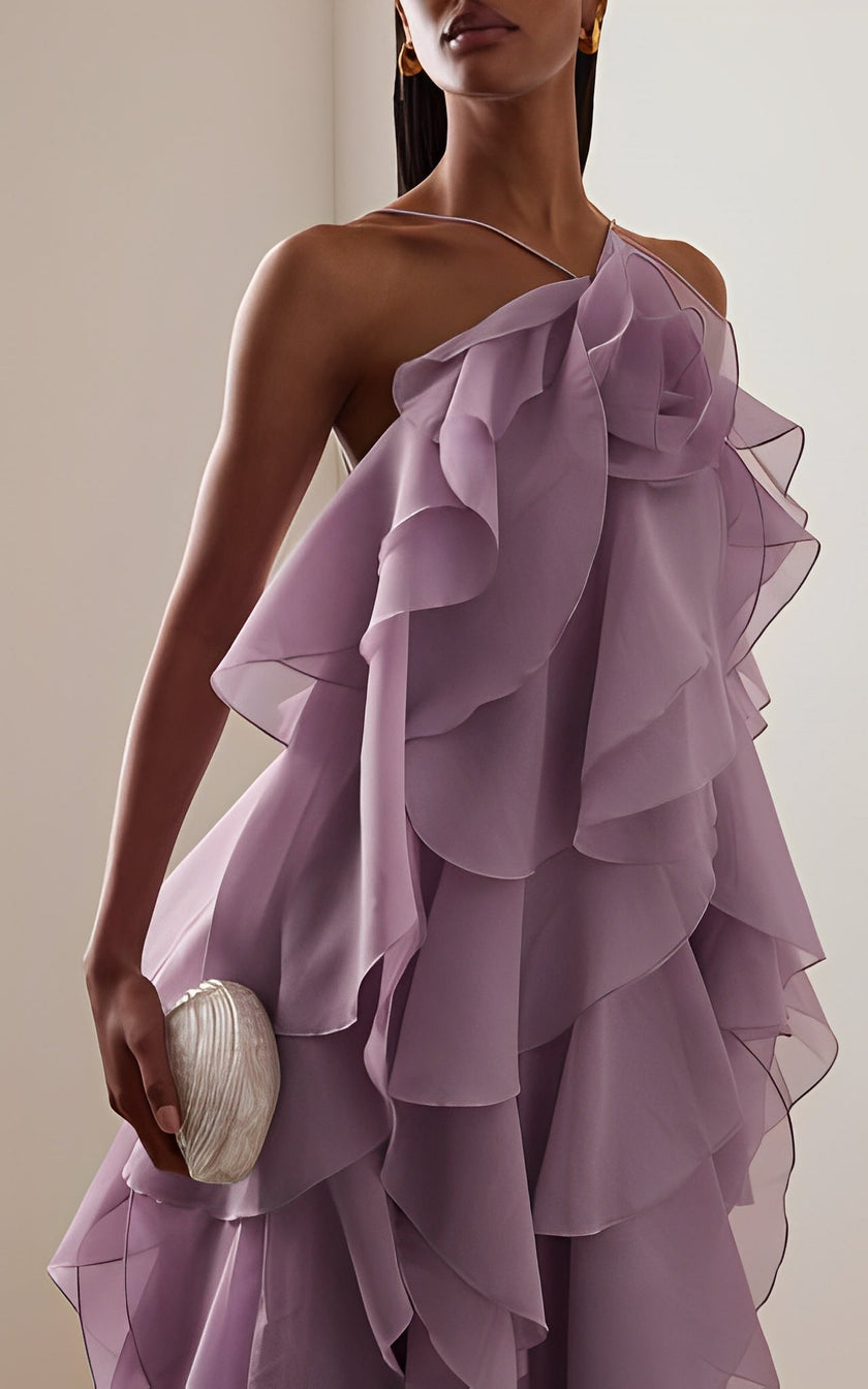 FJØRNA halter neck layered ruffle maxi dress for wedding guests, featuring a flowing silhouette and elegant design.