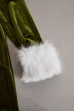 Rose red velvet faux fur collar flared jumpsuit for women, featuring wide-leg pants and stylish details by FJØRNA.