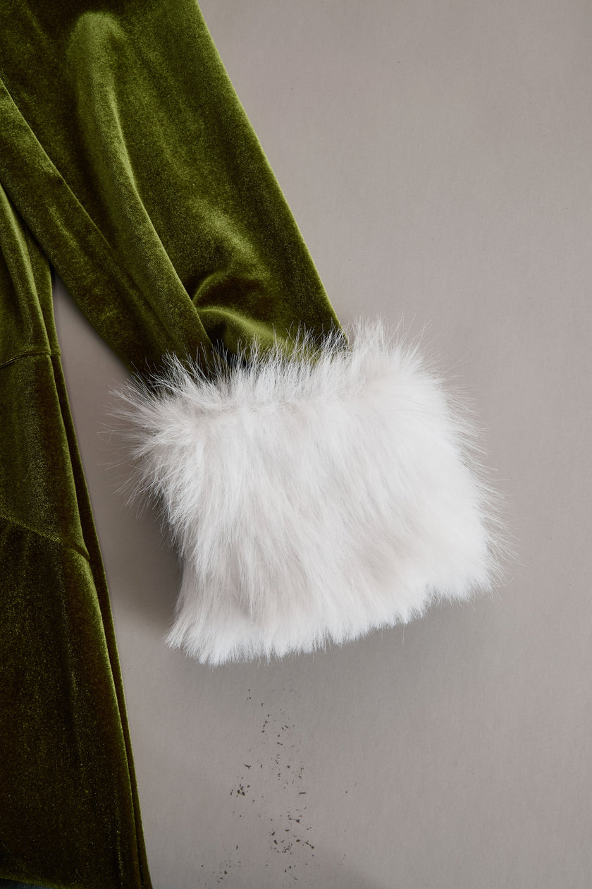 Rose red velvet faux fur collar flared jumpsuit for women, featuring wide-leg pants and stylish details by FJØRNA.