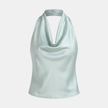 Cream satin cowl neck sleeveless top for women by FJØRNA, featuring a stylish mock neck and elegant sleeveless design.