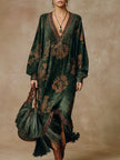 Green faux suede tassel maxi dress for women, stylish and flowy with tassel details from FJØRNA.