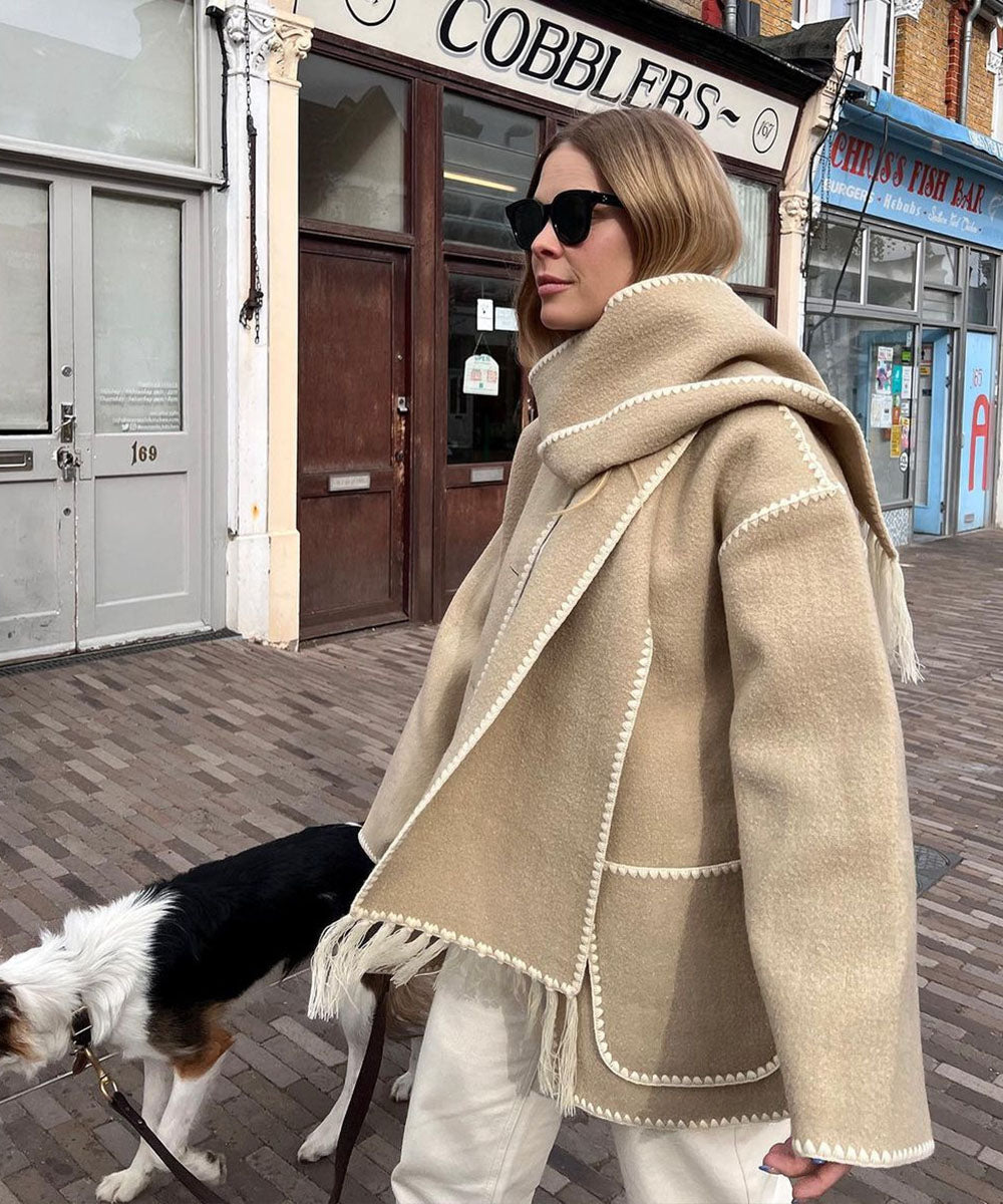 Cape Coat Open Front Fringe Hem Contrast Trim Oversized Poncho Wrap | Fenna