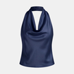 FJØRNA women's satin cowl neck sleeveless top in cream, featuring a stylish mock neck and smooth fabric.