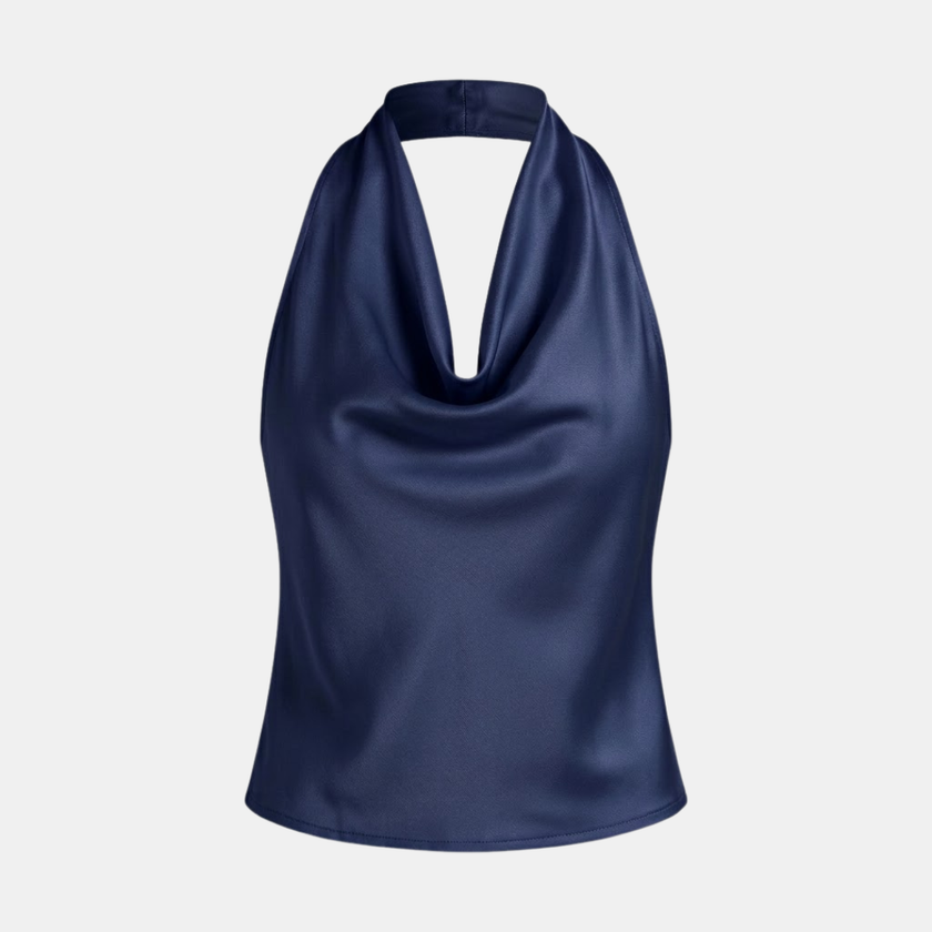 FJØRNA women's satin cowl neck sleeveless top in cream, featuring a stylish mock neck and smooth fabric.